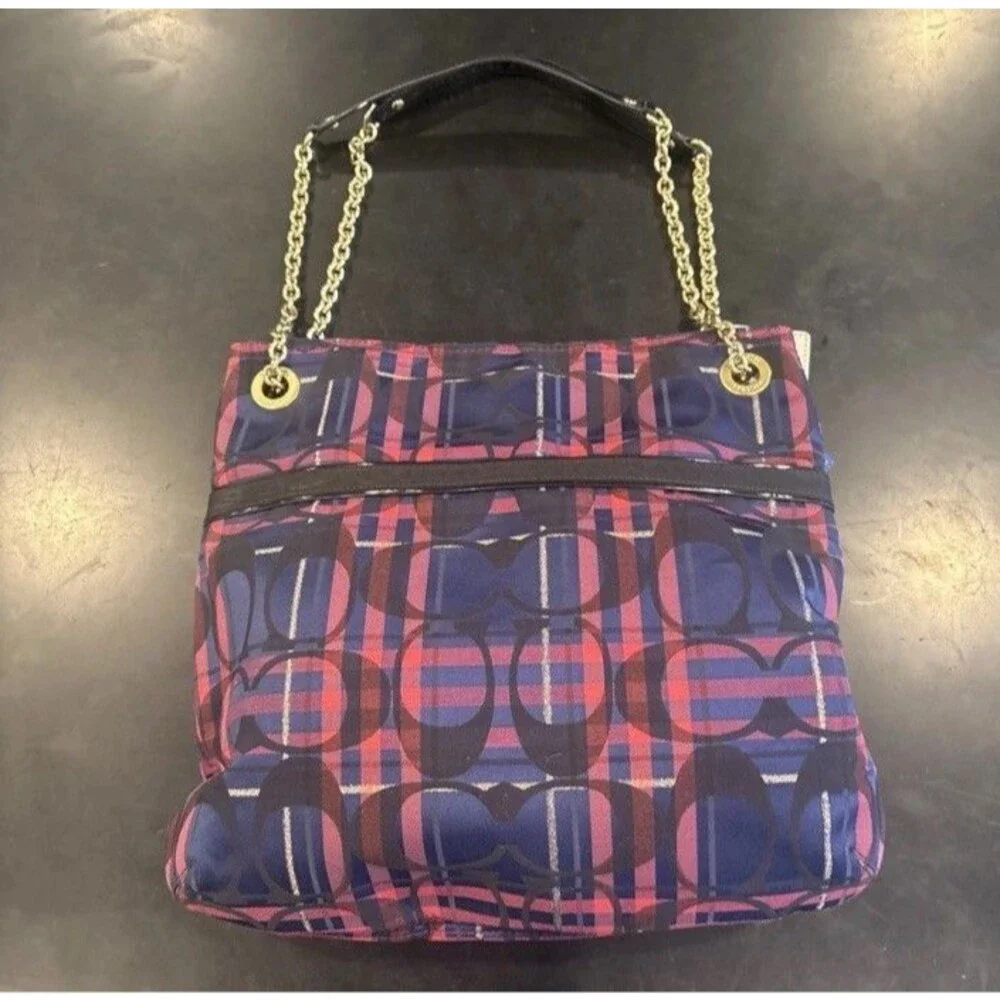 Coach Poppy Tartan Handbag with 3 Hang Tags Chain Handles Jewel Tone F15228 EUC